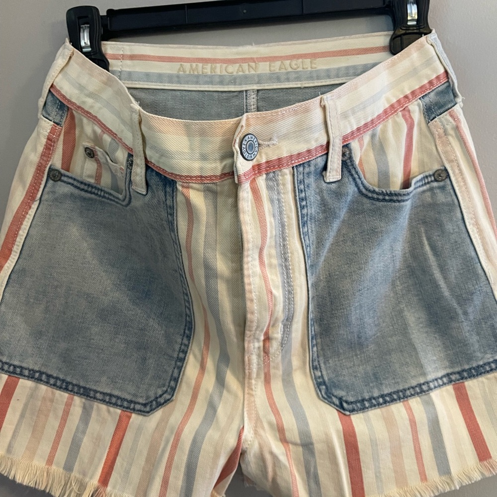 American Eagle Outfitters Women's Striped Jean Shorts - Blue and Red